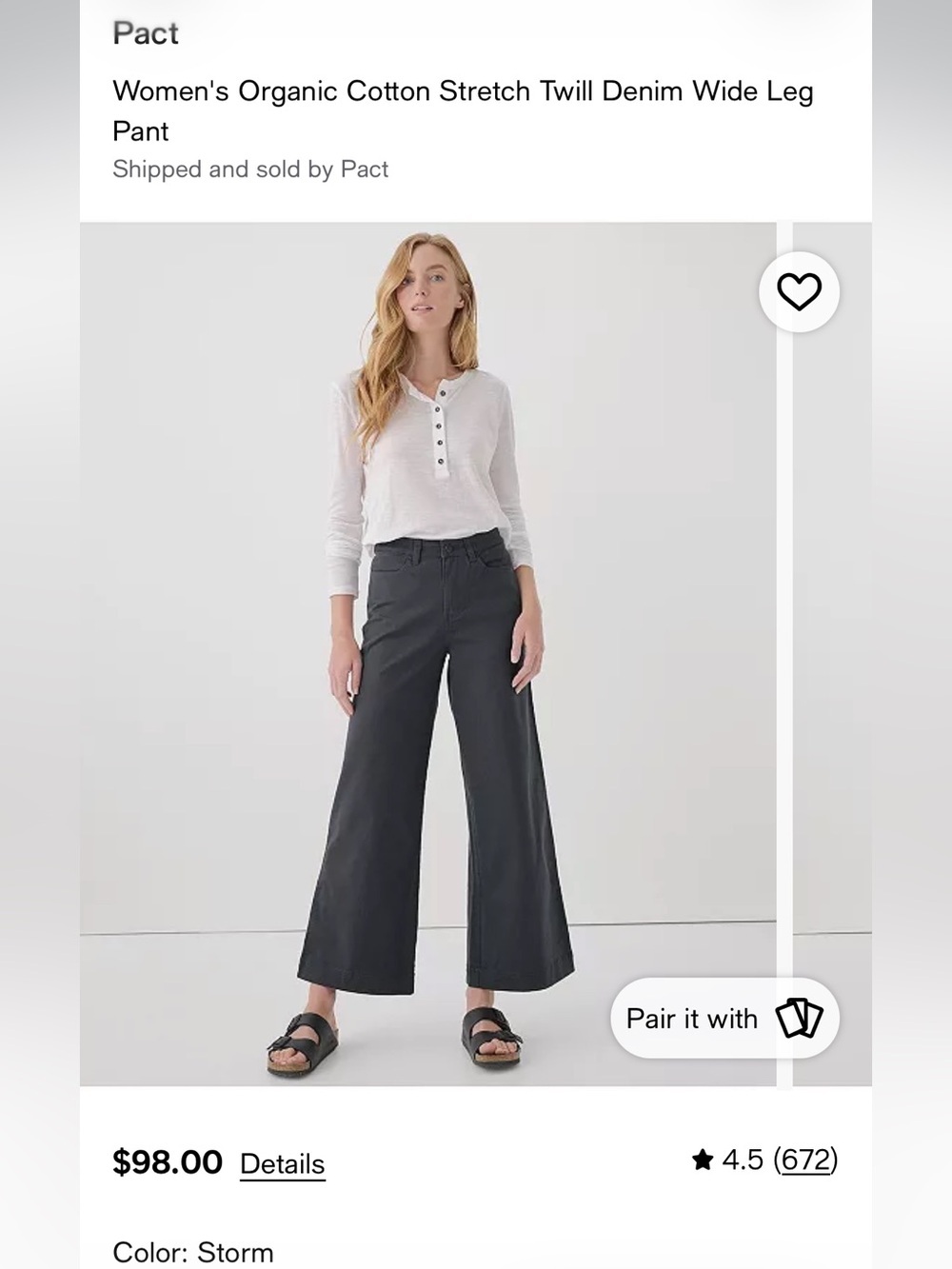 Pact Women's Organic Cotton Stretch Twill Denim Wide Leg Pant